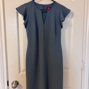 Vince Camuto Gray Midi Sheath Dress V-Neck Flutter Sleeve